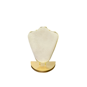 Beige velvet necklace display stand with gold metal base and five functional hooks