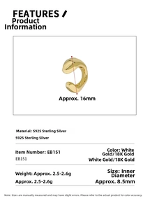 Dettaglio dell'orecchino ear cuff in argento S925 con diametri esterno 16mm e interno 8,5mm