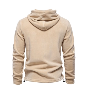 Back view of light beige polar fleece hoodie with adjustable drawstring hem on white background