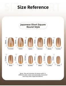 Size chart showing 12 different dimensions for Japanese short square round press on nails