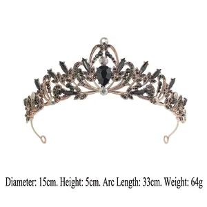 Vintage Baroque black crystal bridal crown with antique gold metal frame for wedding