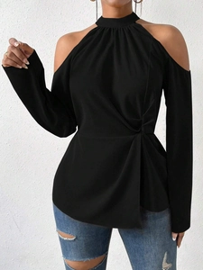Women Cold Shoulder Halter Neck Long Sleeve T-Shirt Slim Fit Twist Knot Solid Color Polyester Elegant Casual Top