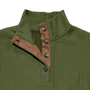 Detail of olive green ribbed sweater featuring brown suede collar with metal snap buttons