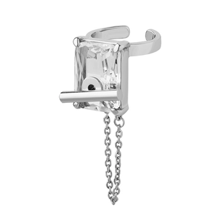 Minimalist silver ring with rectangular zircon and dangling metal chain in ins style