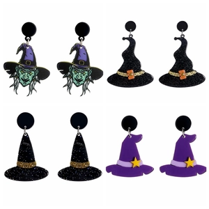 Halloween Acrylic Earrings Glitter Wizard Hat Witch Cartoon Funny Festive Dangle For Women Party Accessories