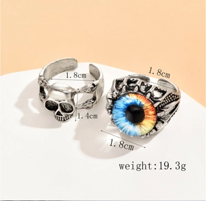 Detailed size view of Gothic skull and evil eye open ring set with 1.8cm diameter