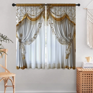 Detail view of 3D floral printed curtains with luxury gold embroidery and elegant tassels