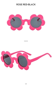 Front and side views of flower shaped rose red sunglasses with dark tinted lenses