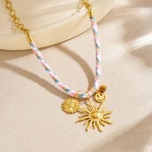 Gold sunflower and sun pendant necklace with colorful braided cord for women