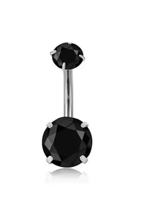 Macro detail of G23 titanium belly button ring with black four-prong cubic zirconia
