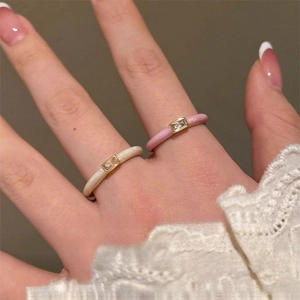 Minimalist square zircon open rings with dripping oil finish in beige and pink tones