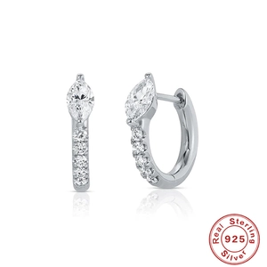 Classic S925 sterling silver hoop earrings with marquise-cut crystal and micro-pave stones