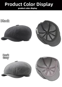 Detail view of black and dark grey striped flat caps with inner lining and sweatband