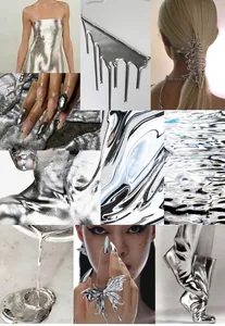 Collage of molten metal style jewelry including butterfly rings and silver accessories