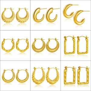 9-pair set of gold stainless steel earrings featuring geometric and vintage textures