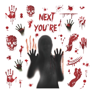 Halloween bloody handprint window stickers with ghost silhouette and spooky red decals