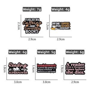 Detailed size and weight dimensions for five unique literary enamel book brooches