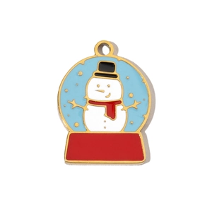Enameled stainless steel Christmas snowman snow globe pendant with blue sky background