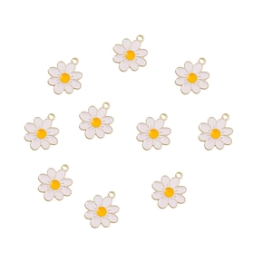 Set of 10 white daisy alloy charms with gold borders and yellow centers for DIY jewelry making