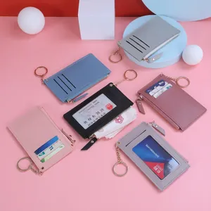 Multi-slot leather card holder with zipper coin pocket and metal keychain chain
