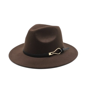 Close-up of the dark brown wool fedora hat featuring a black leather band and gold buckle