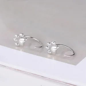 Minimalist S925 sterling silver cat paw hoop earrings with high polish finish