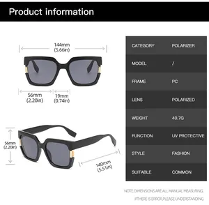 Detailed size chart for square polarized sunglasses with PC frame and UV protection