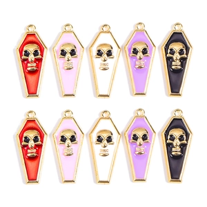 Halloween coffin pendants with gold skulls in five colors for DIY gothic jewelry
