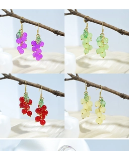 Detail of colorful grape-shaped beaded earrings on natural branch display