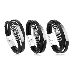 Men's vintage Viking multilayer black braided leather bracelets with silver metal beads