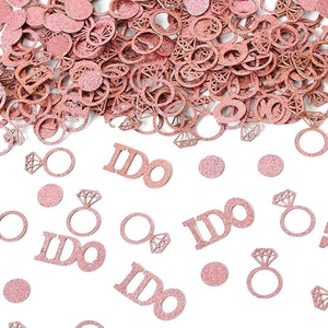 Rose gold glitter confetti with I DO text and diamond ring shapes for wedding decor