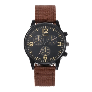 Men's fashion quartz watch with brown woven nylon strap and black large dial