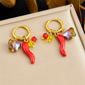 Stainless Steel Gold Plated Hoop Earrings With Red Chili And Butterfly Pendants For Women Creative Pastoral Style Jewelry