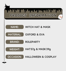Detailed product information of the Halloween witch hat and EVA mask cosplay set