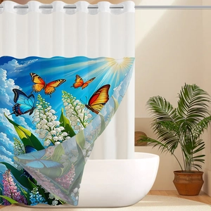 Waterproof waffle shower curtain with blue sky butterflies and lily of the valley print