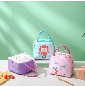 Close-up of cute cartoon thermal lunch bags with waterproof fabric and soft handles
