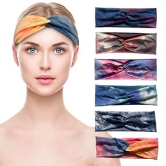 Detailed view of six tie-dye fabric headbands with twist design and model showcase