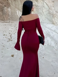 Elegant wine red off-shoulder long sleeve bodycon dress with slim fit and maxi length