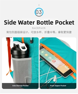 Detail of outdoor backpack featuring side mesh bottle pocket and front tablet compartment