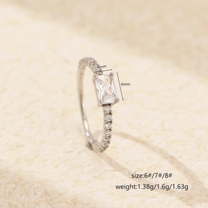 S925 sterling silver ring with 4x6mm rectangle zircon stone and side diamond accents