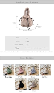Détail des sacs seaux en peluche en six couleurs avec dimensions et spécifications