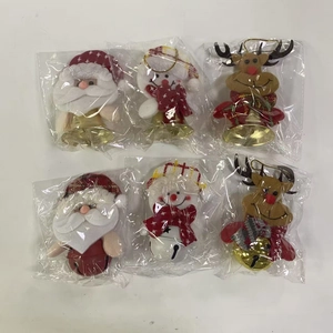 Set of six Christmas plush pendants featuring Santa, snowmen, and reindeer with gold bells