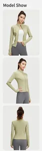 Tre viste di una giacca da yoga verde chiaro slim-fit con cerniera e collo alto
