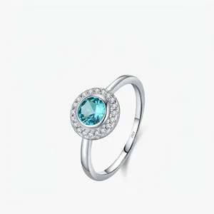 925 Sterling Silver Ring Round Blue Paraiba Color Gemstone Cubic Zirconia Halo Vintage Style Elegant For Women Jewelry