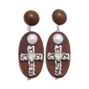 Vintage wooden oval earrings with faux pearl and rhinestone cross in minimalist style