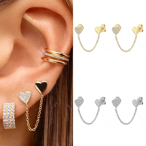 Orecchini A Lobo Cuore Rame Catena Collegata Micro Pavé Zircone Gioielli Di Moda Per Donne Elegante Cuore Lucidato