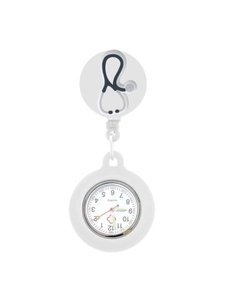 Dettaglio dell'orologio da infermiera in silicone bianco con clip stetoscopio a scomparsa