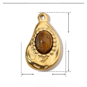 Detail view of gold stainless steel pendant with tiger eye stone and size parameters