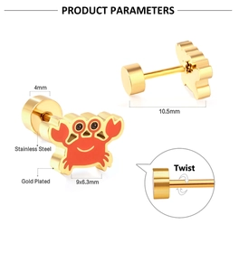 Detailed views of gold plated crab stud earrings with red enamel and dimensions