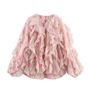 Blouse En Mousseline Florale Femme Manches Longues Volants Col Noué Décontracté Élégant Doux